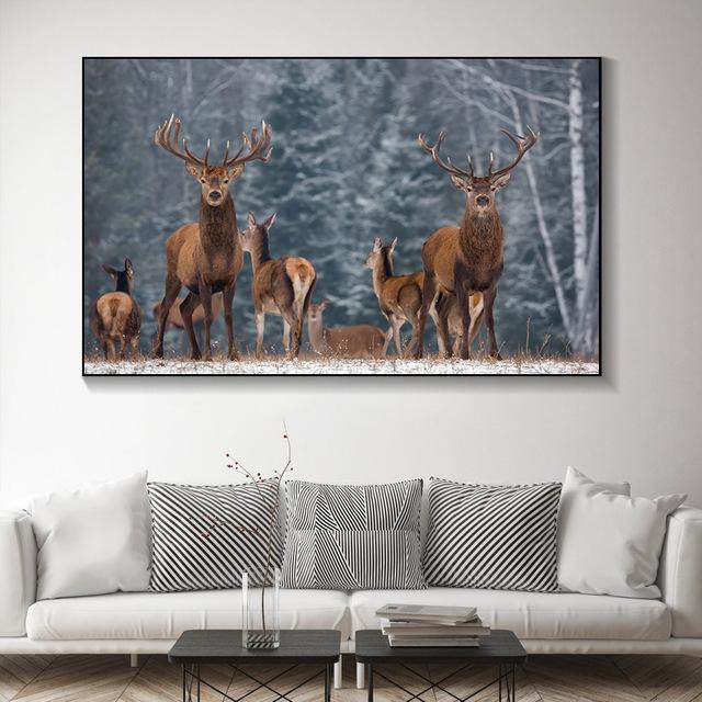 Animal Noble Deer In Winter Snow Forest Canvas Painting Posters and Prints Wall Art Pictures For Living Room Home Decor No Frame