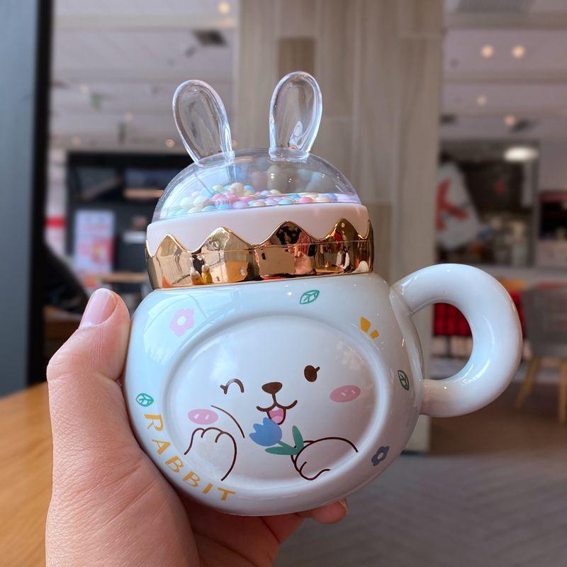 Rabbit Mug with Lid Spoon Cup for Men and Women Ceramic Drinking Water Cup Couple Cartoon High Value Large Capacity Coffee Cup