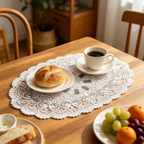 White Lace Placemat, Round Oval Vintage Doily, Embroidered Placemat Coaster for Cup Vase Dining Table Wedding Party Decor