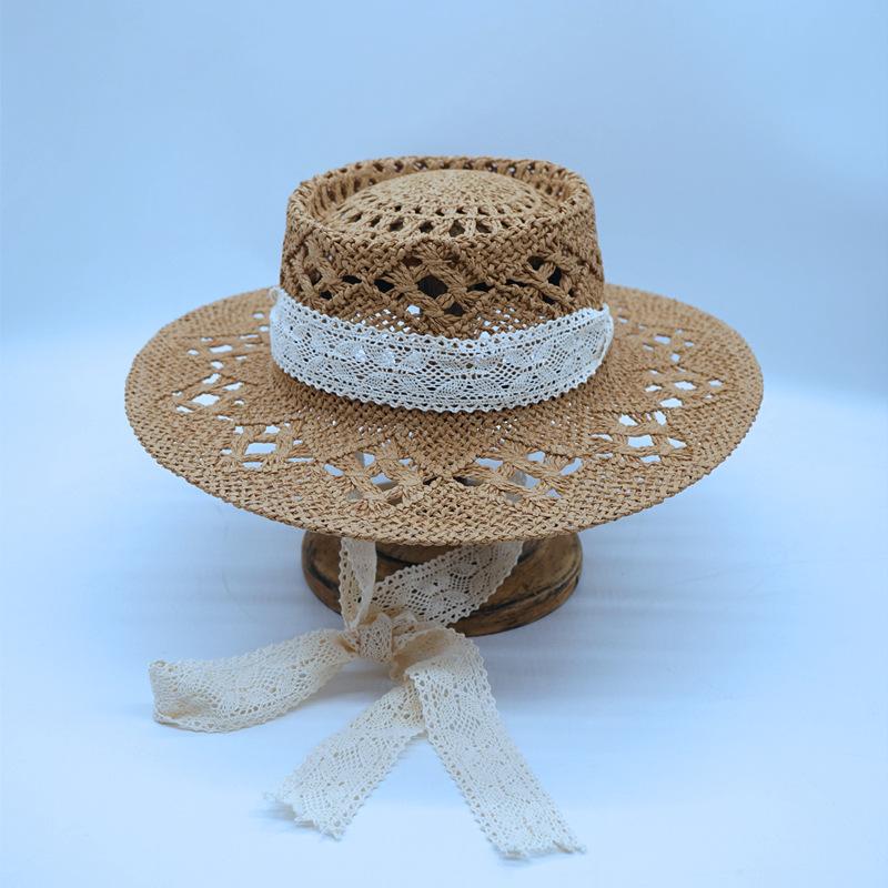 Japan Japanese French Retro Hollow Flower White Flat Top Top Hat Women'S Summer Sunshade Vacation Beach Straw Hat Outing