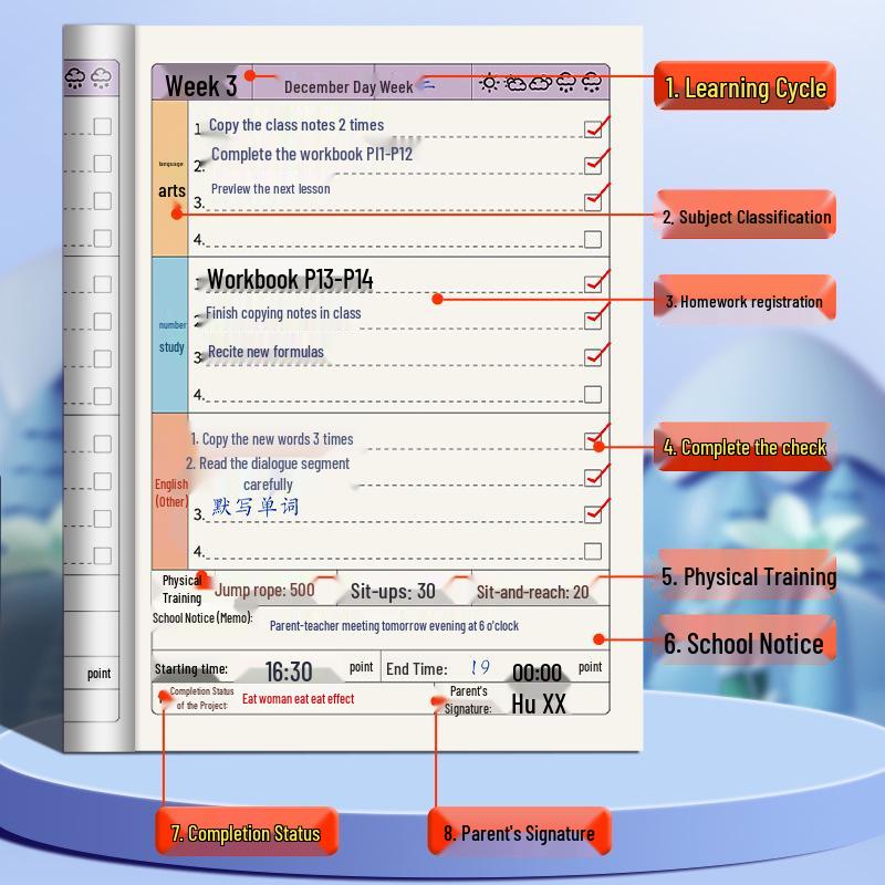 Grade 1 Primary School Homework and Communication Book for Home-School Use