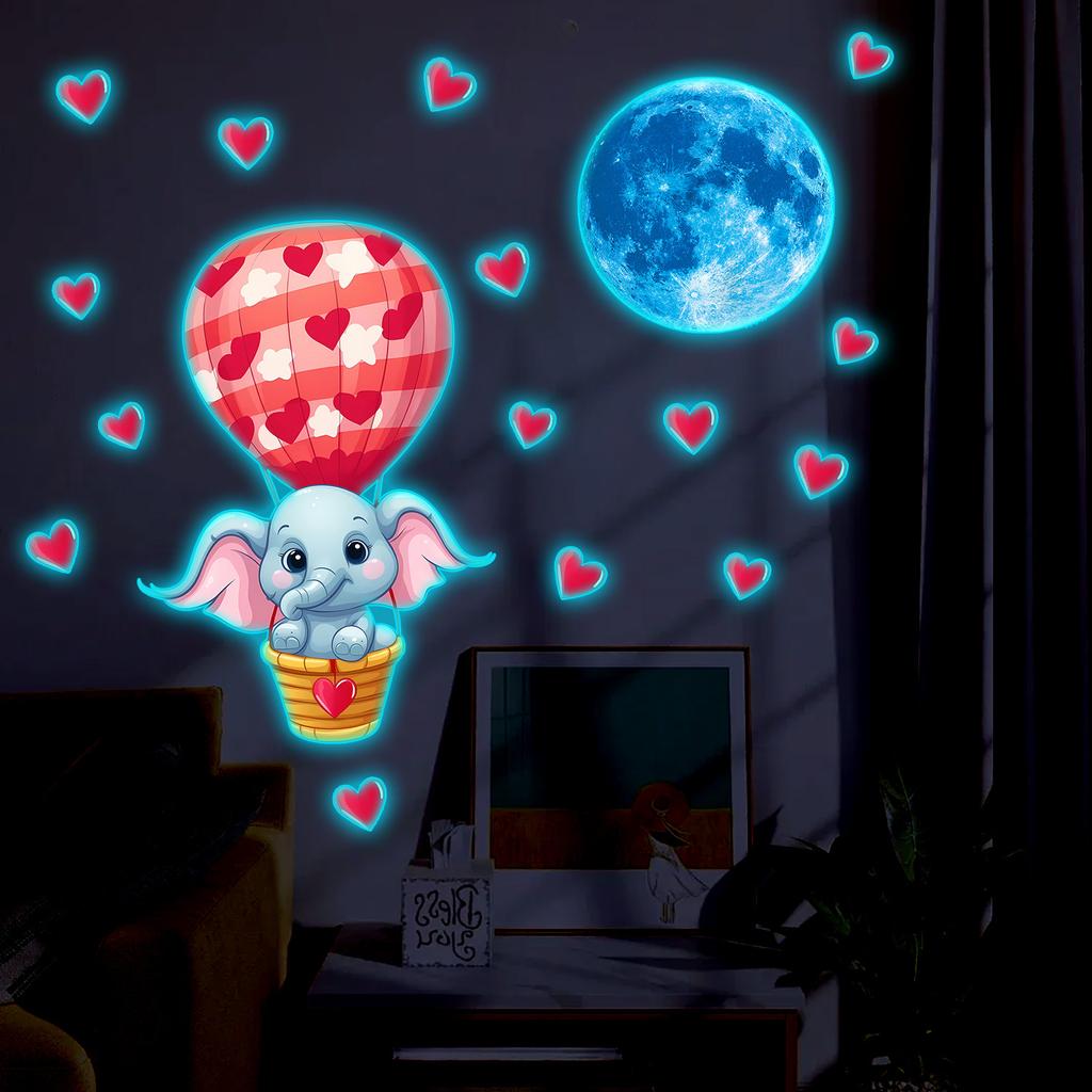 Glow in The Dark Wall Stickers Hot Air Balloon Elephant Princess Heart DIY Wall Art for Kids Room Background Decor