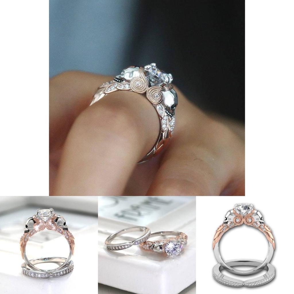 Creative Fashionable Couples Skull Ring With Dual Color Diamond Design In Alloy Material