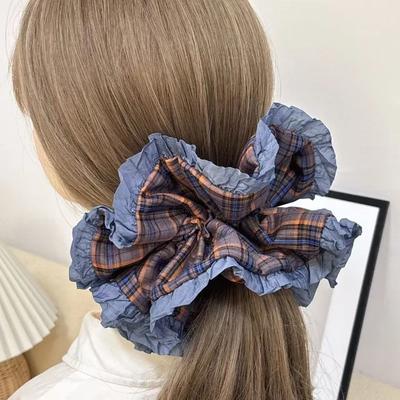 Scrunchie Oversized Xadrez Contraste de Cor Delicado com Babados Vintage Grande Saia Saia Coque Grande Tamanho Estilo Acessórios de Cabelo