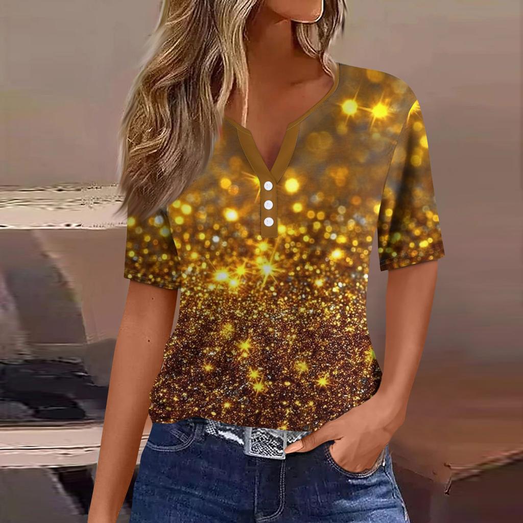 Damen-T-Shirt, T-Shirt, bedruckt, Knopfleiste, kurzärmelig, für den Alltag, Wochenende, modisch, Basic, V-Ausschnitt, normales Oberteil