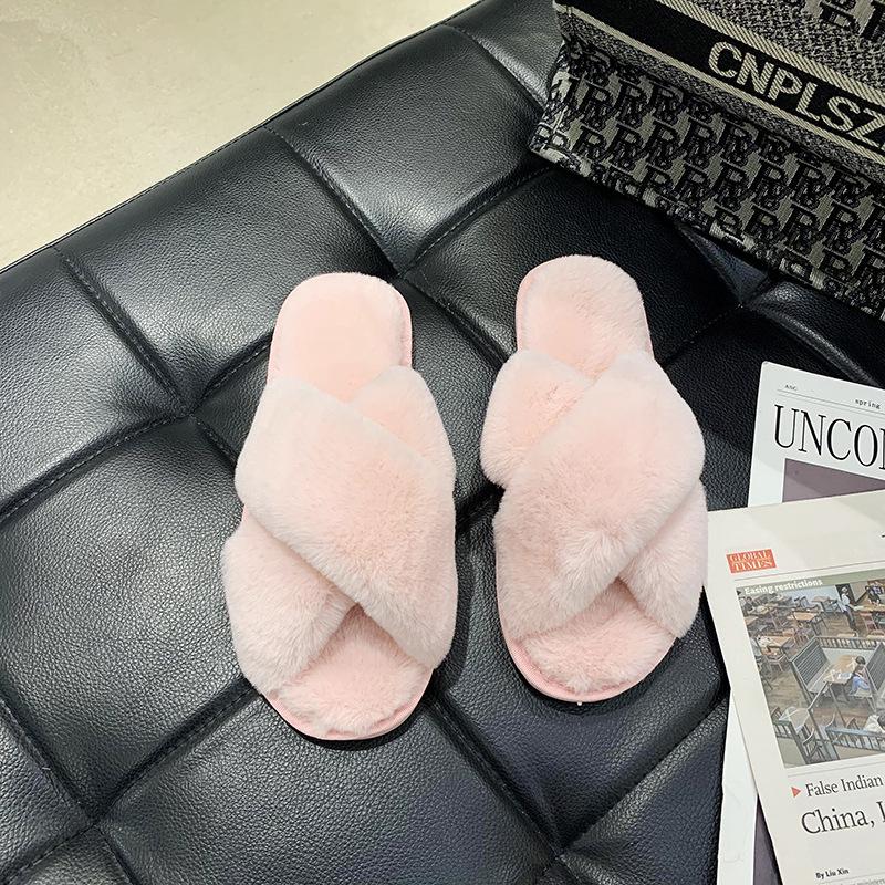 MVA-kompatible fluffy tøfler med åpen tå i kaninpels for grensehandel