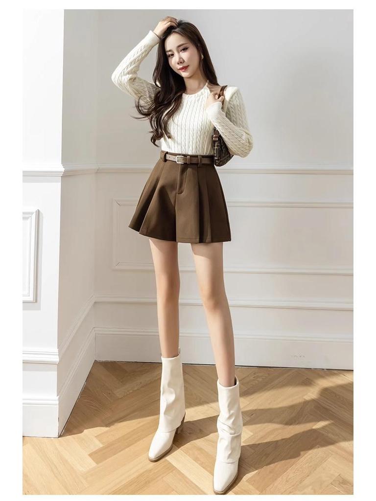 2024 Slimming Women's High Waist A-Line Woolen Pleated Skirt Pants for Winter