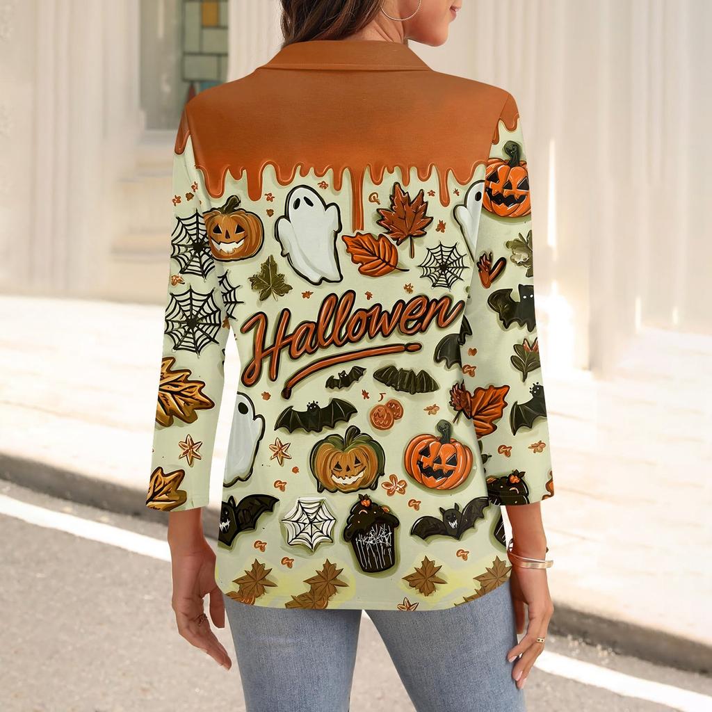 Dámská móda Ležérní klopa 3/4 rukáv Halloweenský potisk Košile Dámské topy s výstřihem do V