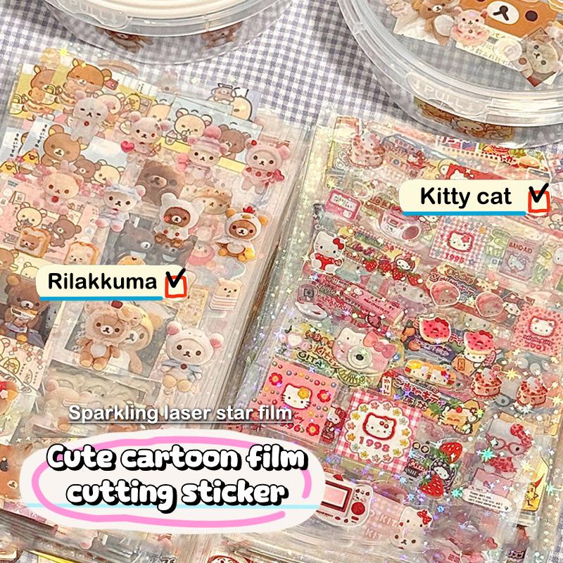 5/10 szt. Kreskówkowe Urocze Naklejki Hello Kitty Rilakkuma Wycinane Naklejki Anime Materiał do Rękodzieła Brokatowe Laserowe Naklejki Zabawka dla Dzieci