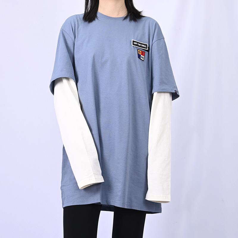 Vans Letter Embroidery Color Block Long Sleeve T-Shirt Unisex Tops Gray Blue VN0A5F71HKC