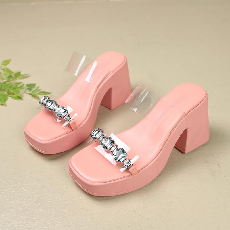 Fashion Square Heel Sandals Summer New Square Head Sequin Waterproof Platform Transparent Strap Anti-slip Wear-resistant High Heels