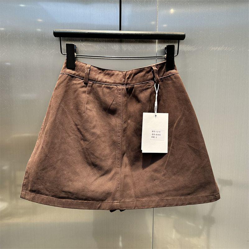 Autumn 2025 High-Waist Coffee Denim A-Line Skirt with Double Slits for Women