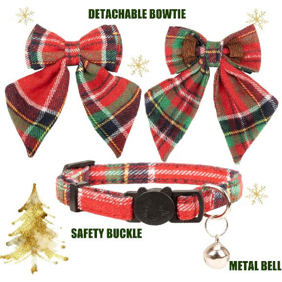 Christmas Cat Collar with Bow Tie Flower Sailor Bowtie Breakaway Safety Detachable Plaid Kitten Cats Pet Cute B Sailor Bow-Red