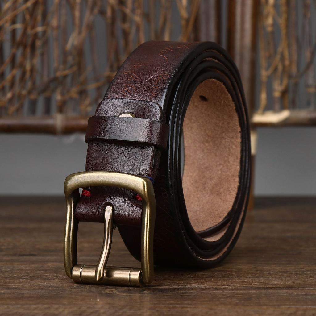 Belt Men's Retro Distressed Laser Carved Italian Vegetable Tanned Leather First Layer Pure Cattlehide Brass Buckle Belt