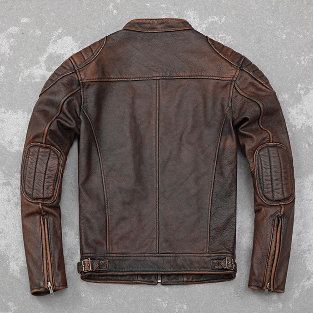 Chinese Size Vintage Red Brown Real Cowhide Genuine Leather Jacket Men Motorcycle Coat Mens Biker Clothes Spring Autumn