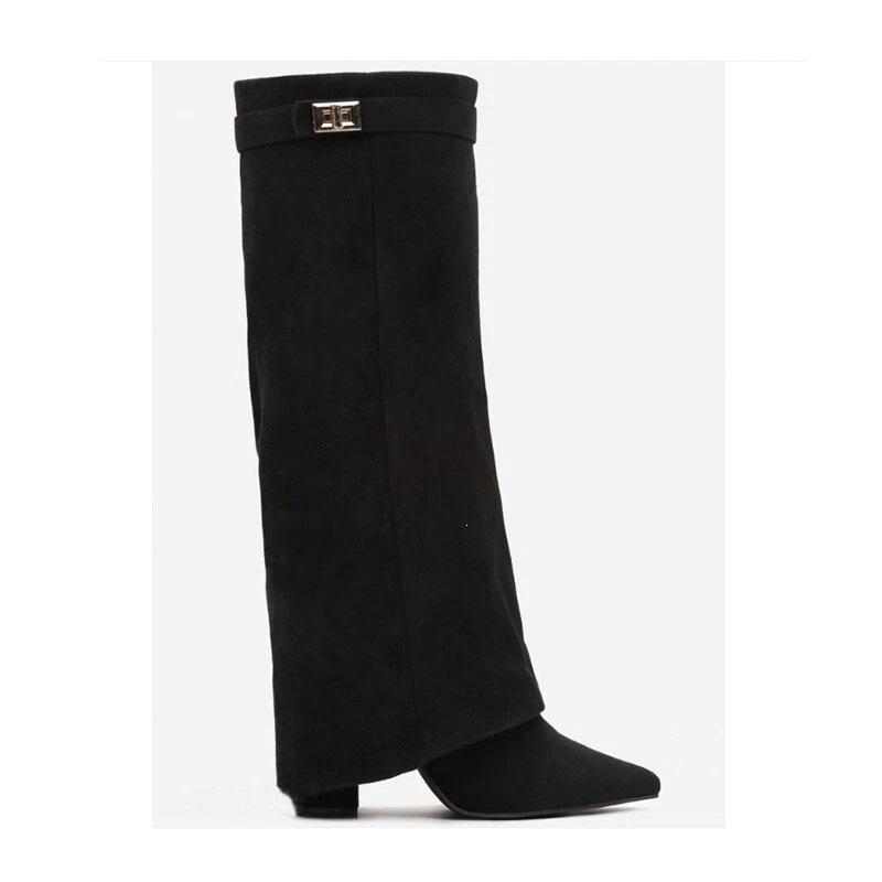 Bottes à talon bloc pointues pour femmes grande taille avec boucle métallique – Mi-longues, Mollets larges