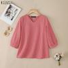 ZANZEA Women Grid Print Casual V-Neck 3/4 Sleeve Blouse