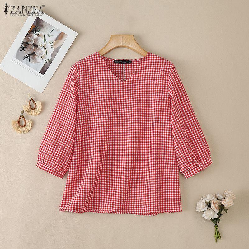 ZANZEA Women Grid Print Casual V-Neck 3/4 Sleeve Blouse
