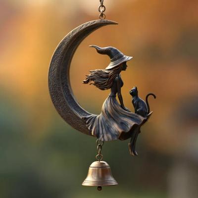 Witch Wind Chime Outdoor Metal Wind Chime Halloween Witch Black Cat Moon Wind Chime for Garden Patio Decor Metal for Outdoor