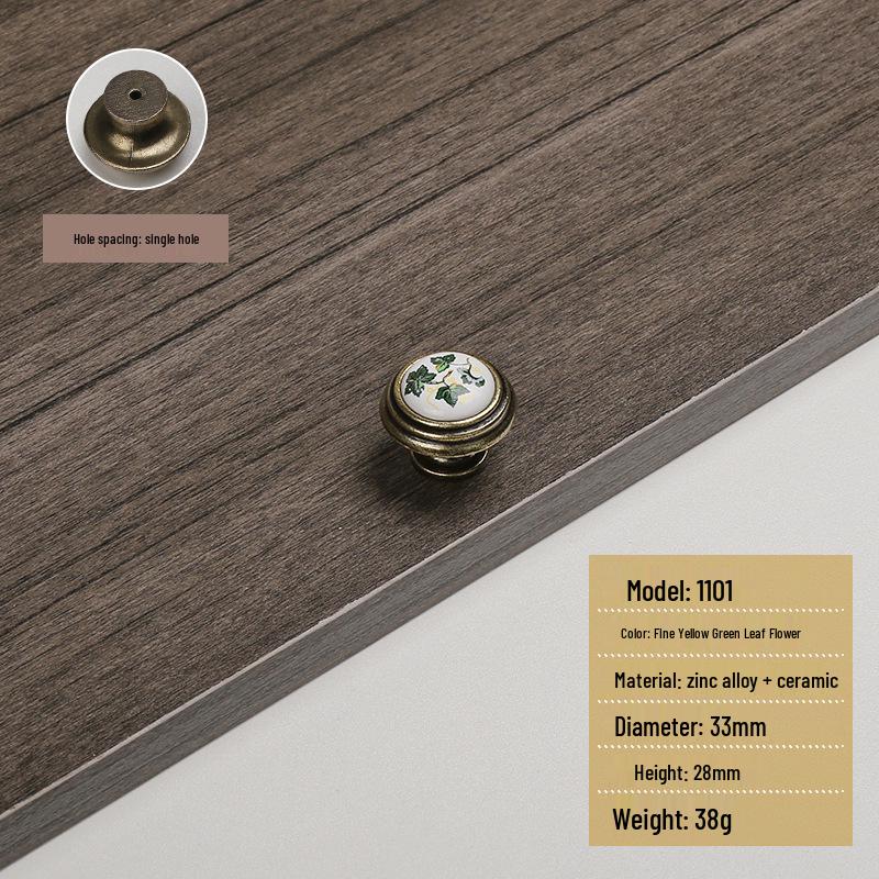 Starožitná hnědá červená a zelená listová keramická venkovská úchytka zásuvky skříňky