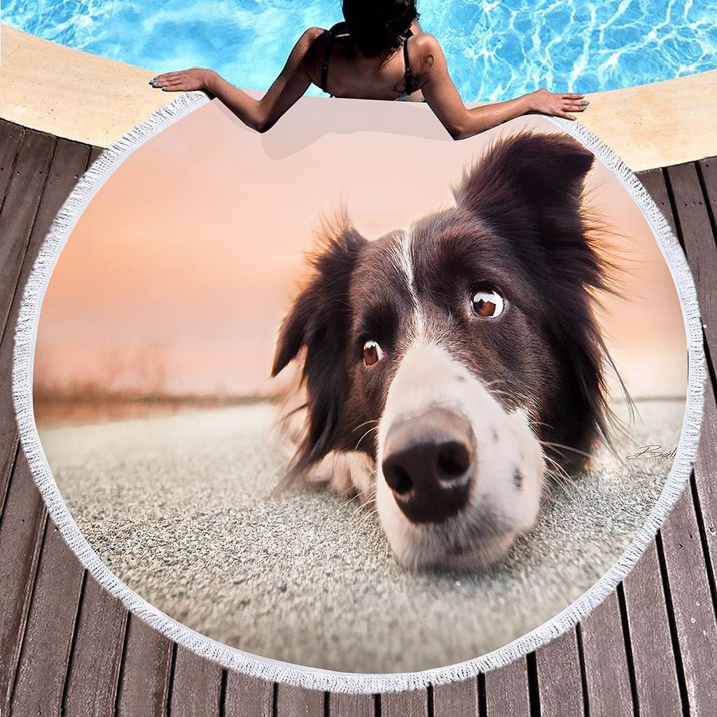 Border Collie Round Beach Towels,Dog Greeting Its Owner Among Flowers Sand Free Absorbent Beach Blanket Bath Towels Picnic Mat