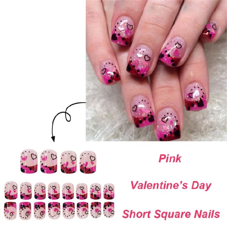 24 Pcs Valentines Day Press On Nail French Tip False Nail Short Square Full Cover Stick on Nail Heart Acrylic Nail