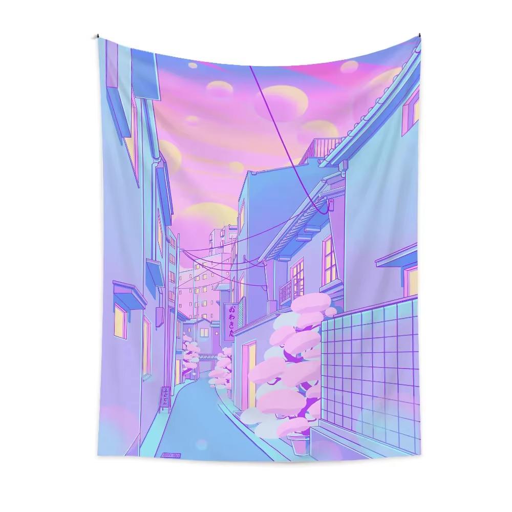Purple City Architecture Tapestry, Anime Characters Wall Hanging Big Size For Bedside Carpet Bedroom Living Room Decor