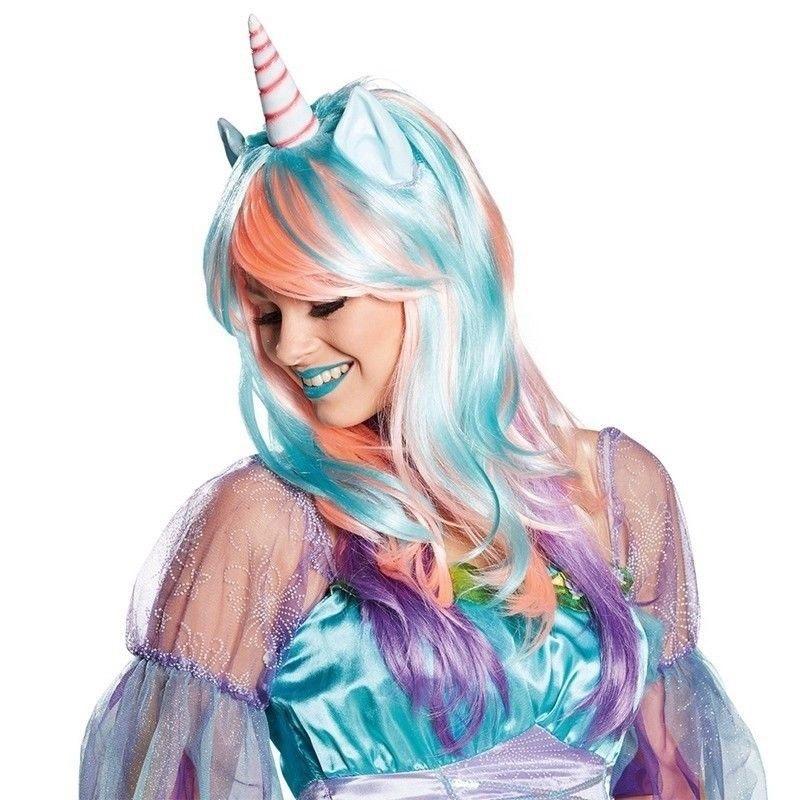 New Fashion Women Ear Unicorn Rainbow Wig Long Curly Wave Hair For Cosplay Party
