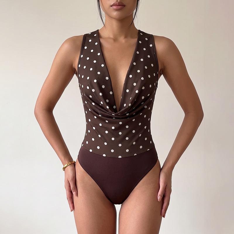 Women s Retro Polka Dot Mesh Sleeveless Bodysuit Sexy Cowl Neck Pleated Fit Bodysuit S