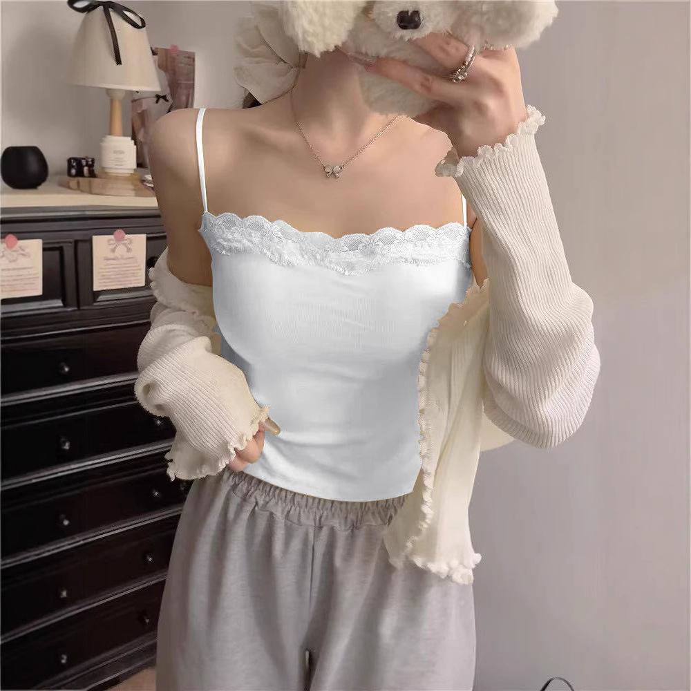 #Spring new models, short lace lace sweet girl style suspender tube top versatile solid color small suspender