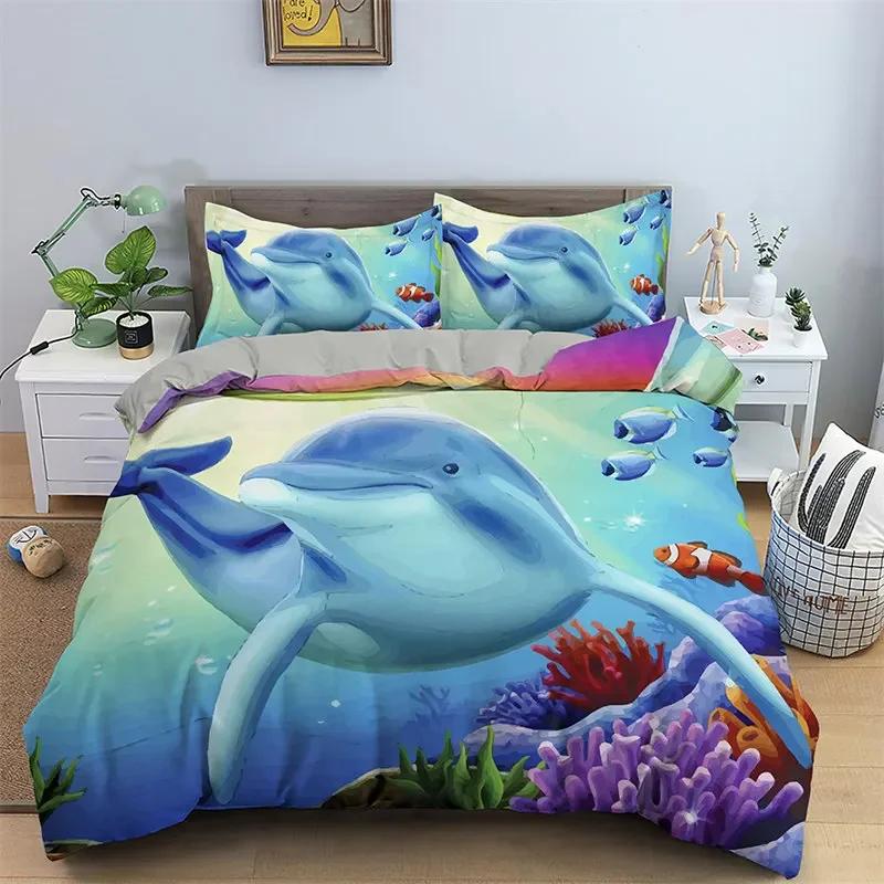 Comforter Dolphin Microfiber 3D Sea Animal Bedding Set Cartoon Comforter Full King Size For Boys Girls Adult Room Decor