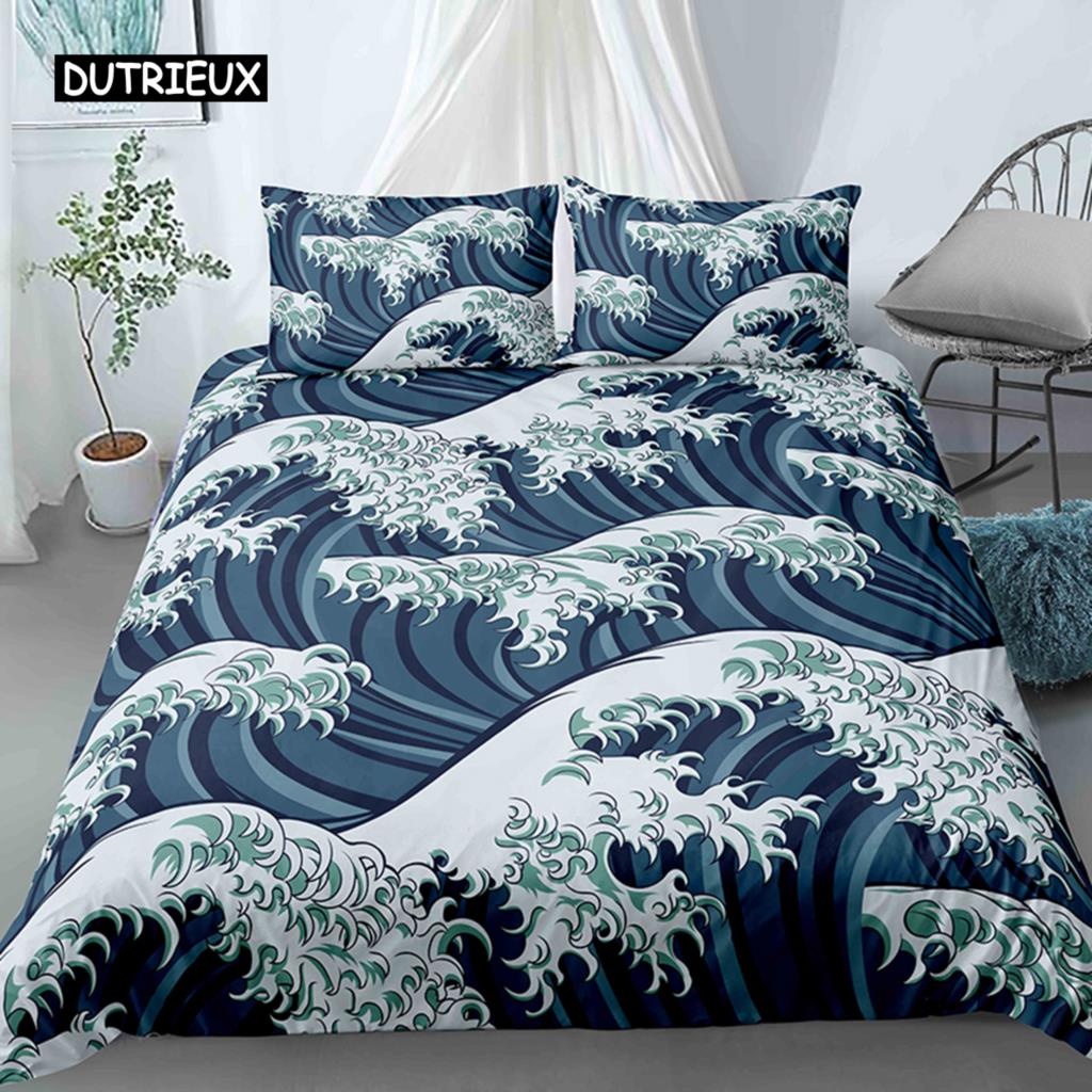 Ocean Wave Duvet Cover Set Beach with Foamy Waves Twin Bedding Set Polyester Sea Shore Holiday Theme Queen King Size Quilt Cover