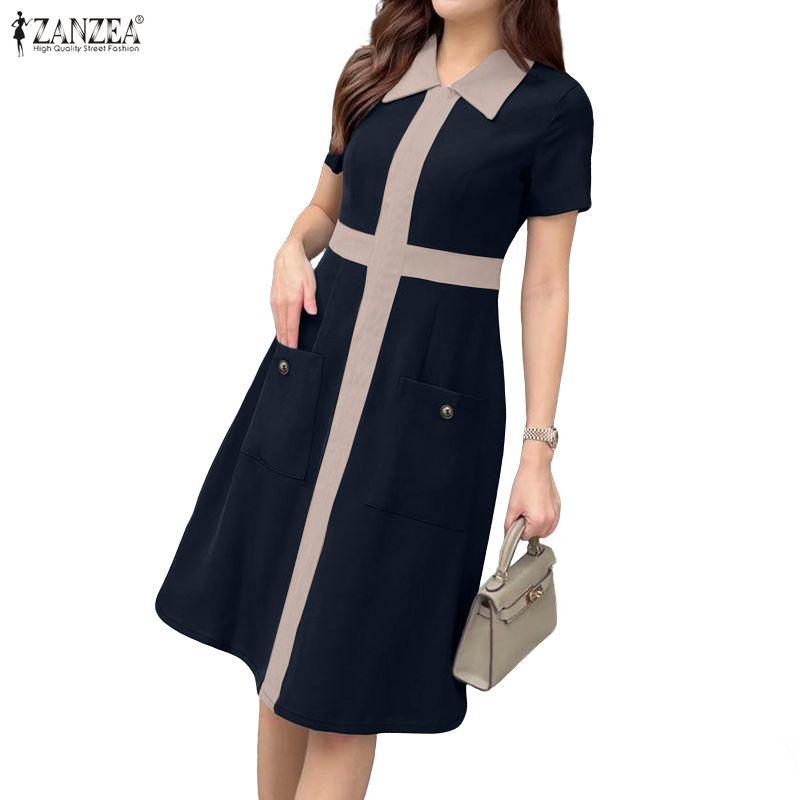 ZANZEA Women Casual Splice Turn Down Collar Loose Short Sleeve Dress