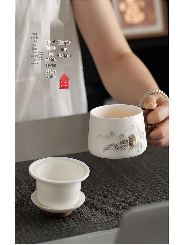 Dehua White Porcelain Tea & Coffee Mug with Lid - Ceramic Cup for Tea & Water Separation, Ideal for Office & Personal Use.