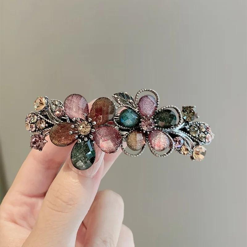 Elegante Fioritura Colorata con Strass Molletta a Molla Molletta a Una Parola per Capelli da Donna Parte Posteriore della Testa Mezza Acconciatura Fermagli Accessori per Capelli