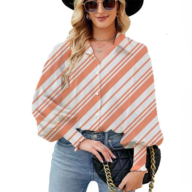 

Женская рубашка с косым принтом в полоску и свободный индивидуальный топ-кардиган с пышными рукавами