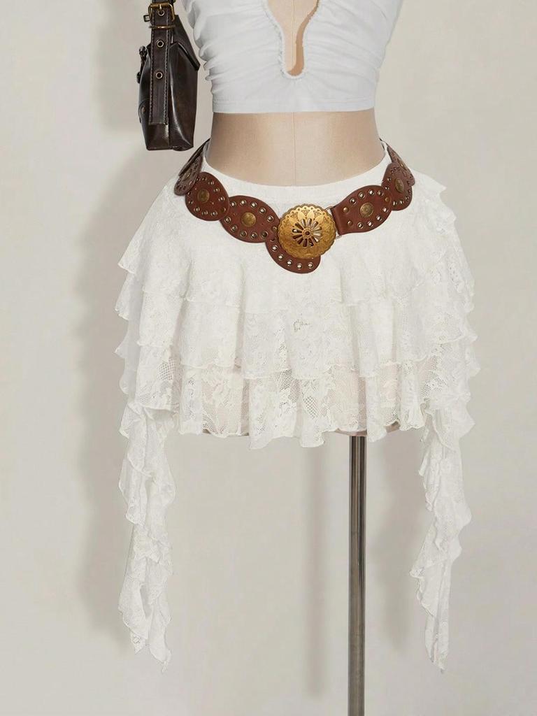 2026 Spring/Summer Women's White Lace Ruffle Mini Skirt with Safety Shorts
