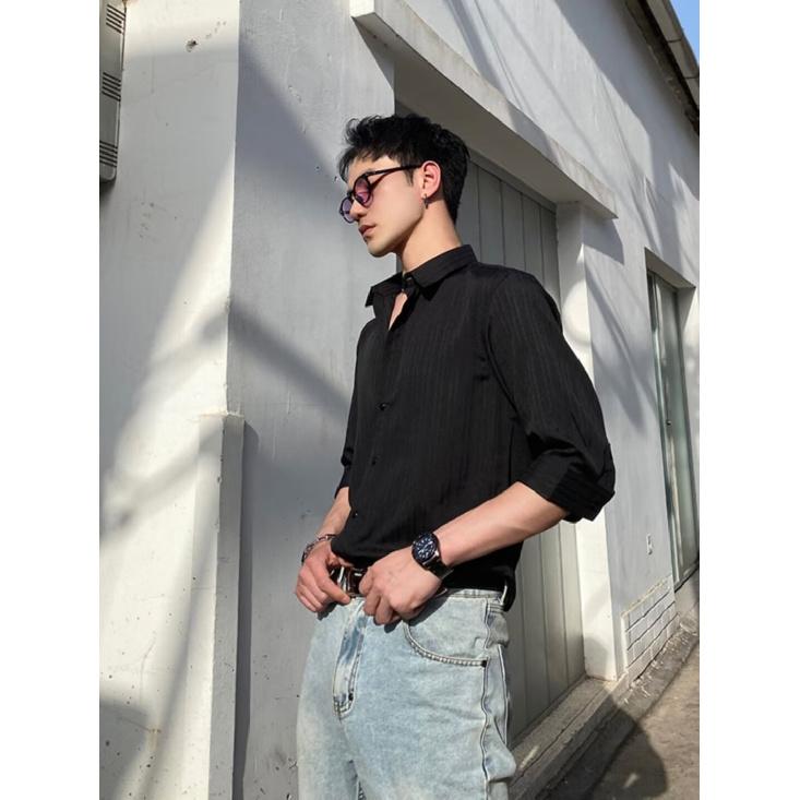 Yapi Youth Personality Internet Celebrity V-Ausschnitt-Shirt mit mittellangen Ärmeln für gutaussehende Männer, Slim Fit Casual Stehkragen Hooligan Handsome Shirt