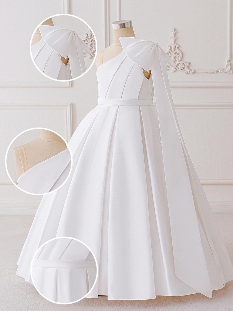 Big Kid One-Shoulder Satin Princess Dress with Bow - Formal Wedding & Runway Costume