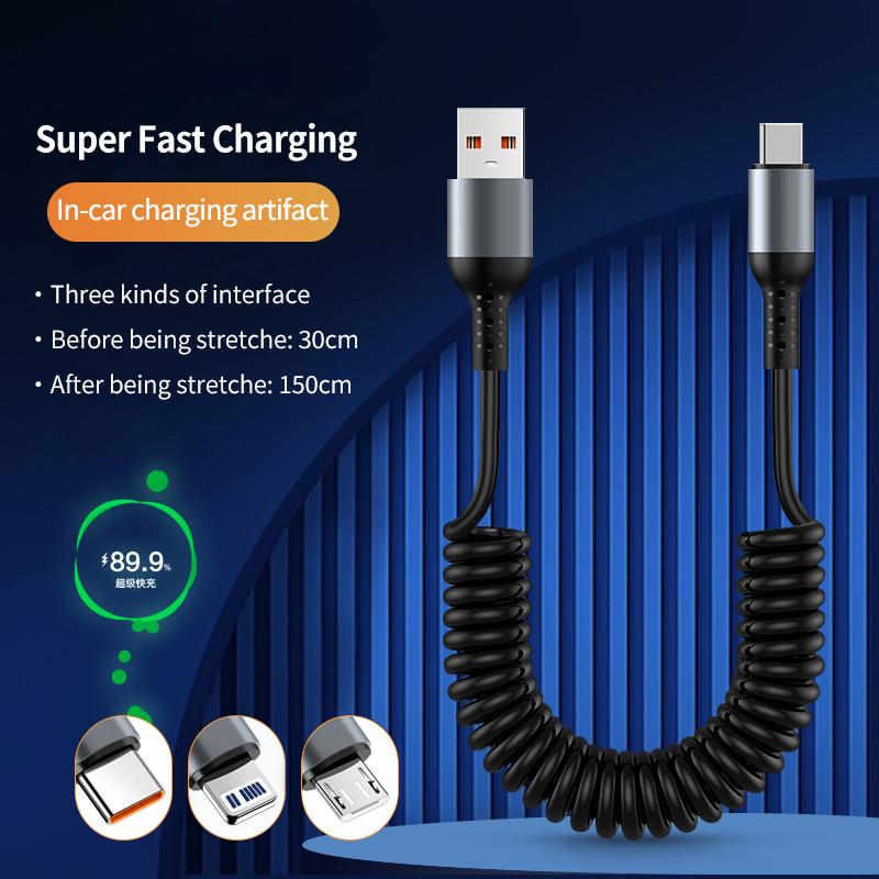1.5M Coiled USB-C Type C 5A Fast Charging Data Cable 90 Right Angle Retractable Pure Copper Mobile Phone Cord for
