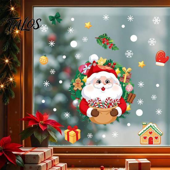Gingerbread Man Decals Christmas Static Window Sticker, Wreath Pattern Print PVC Removable Decal, Decorative Film Waterproof Glass Cling for