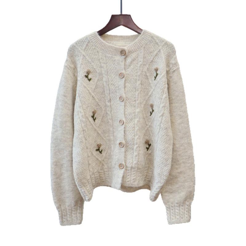 Autumn and Winter New Three-dimensional Flower Design Knitted Cardigan Gentle Wind Loose Soft Waxy Sweater Jacket Women