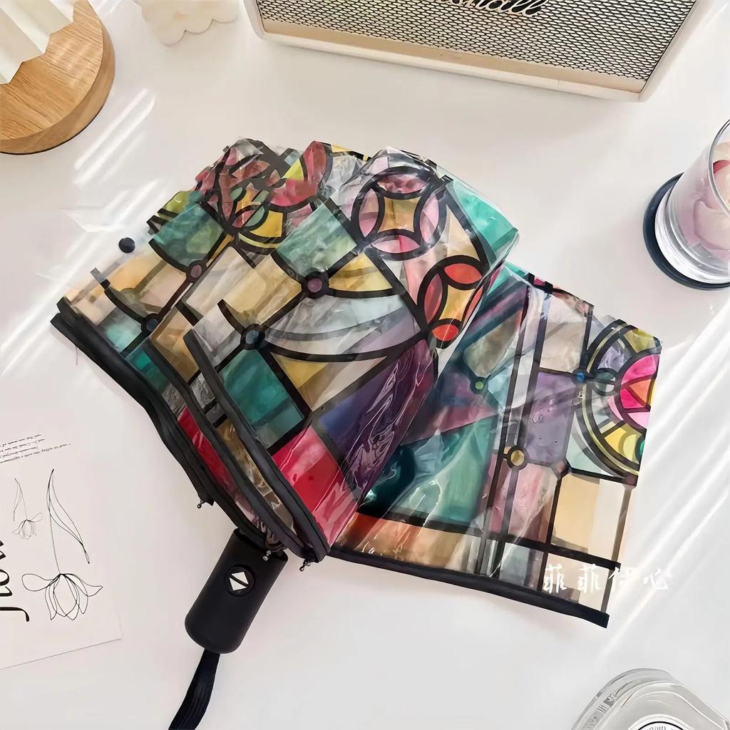 Vintage Stained Glass Automa Umbrel lFoldable Hand-Painted Transparent Umbrella Stylish Design Folding Umbrella for Colleagues