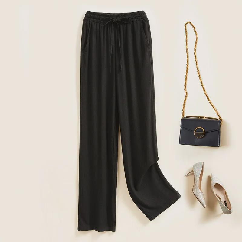 Dámské 2024 Kalhoty s vysokým pasem z lehké bavlny a lnu se širokými nohavicemi - Ležérní elastický pas, Volný střih, Všestranný design