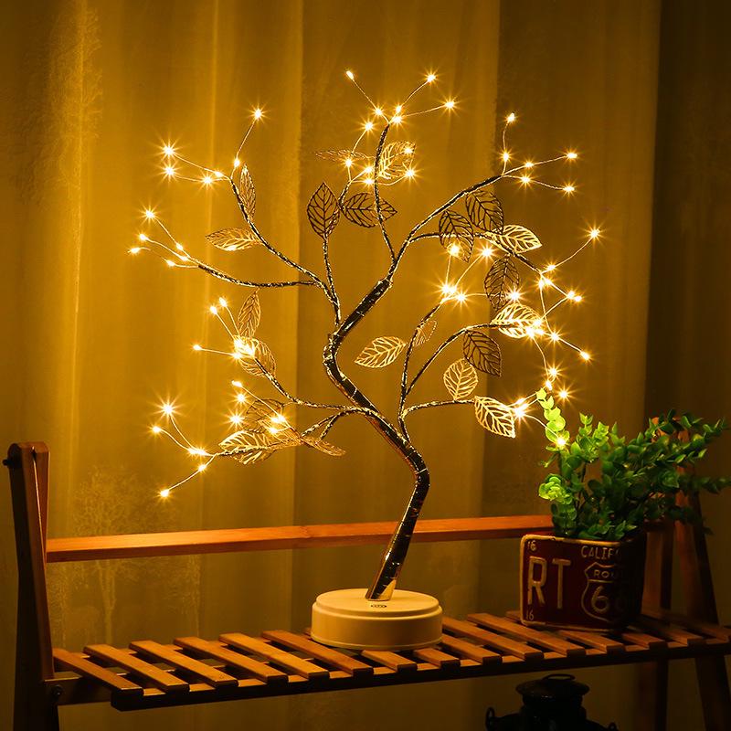 Bonsai LED Table Lamp with Pearl Gold Leaves & Silver Branches - Decorative Night Light & Christmas Tree Decor