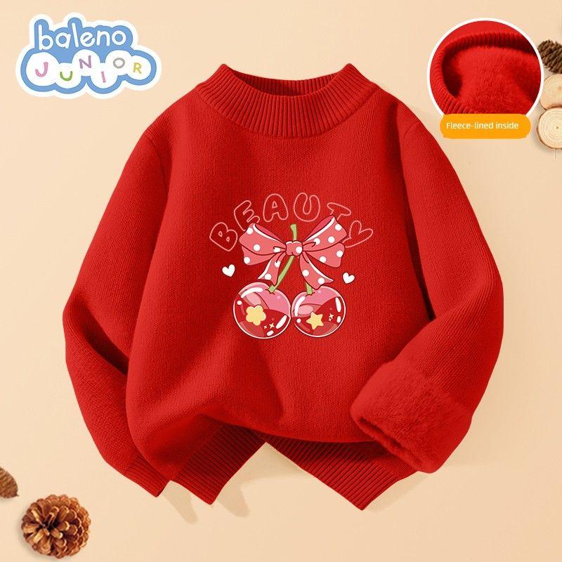 Baleno Kids Girls  Sweater Children s Red Fleece-Lined Base Shirt 2026 New Style Little Girls  Winter New Year Outfit Red # Tb Red Cherry 160