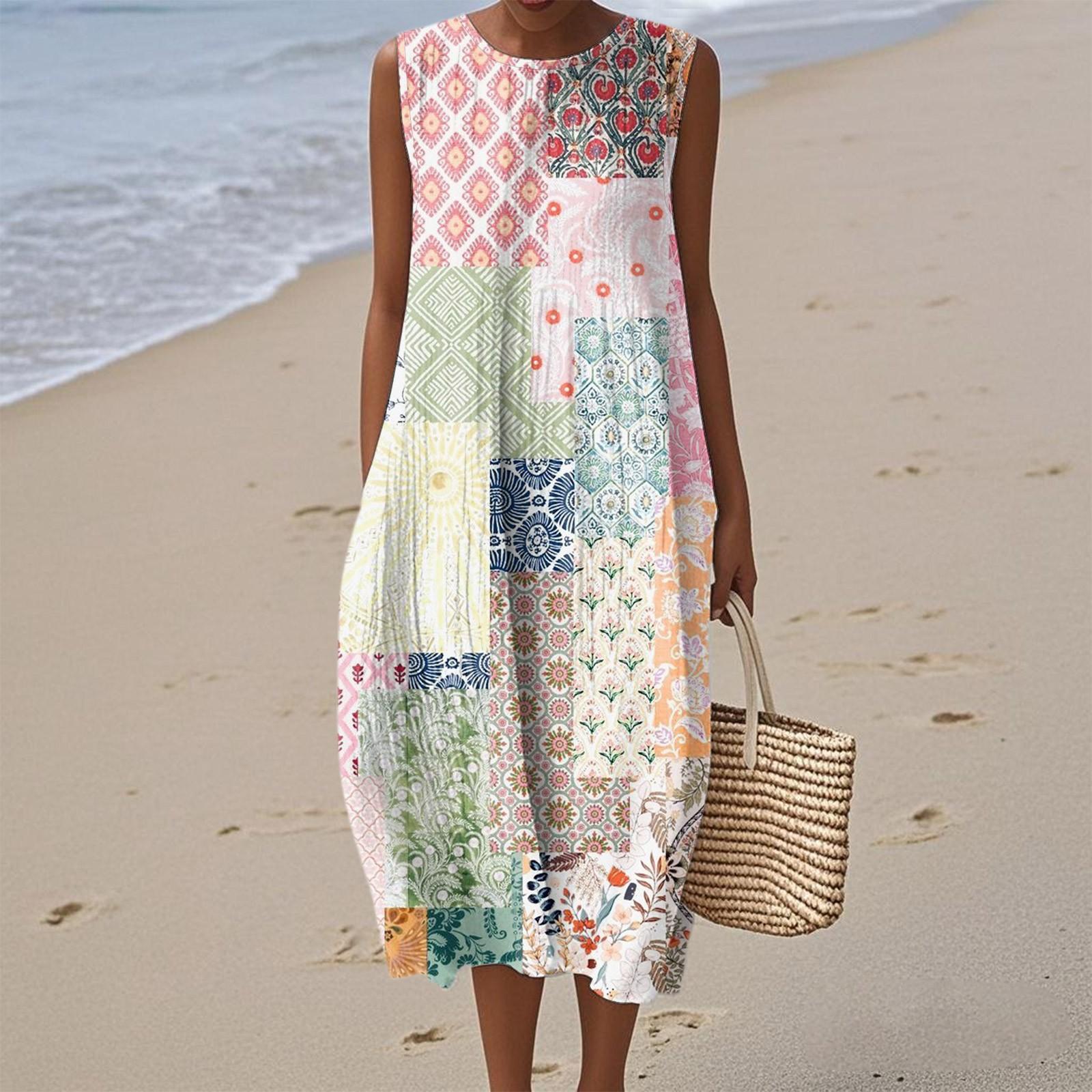 

Women s Fashion Casual Sleeveless Round Neck Retro Bohemian Elegant Temperament Dress L бежевый