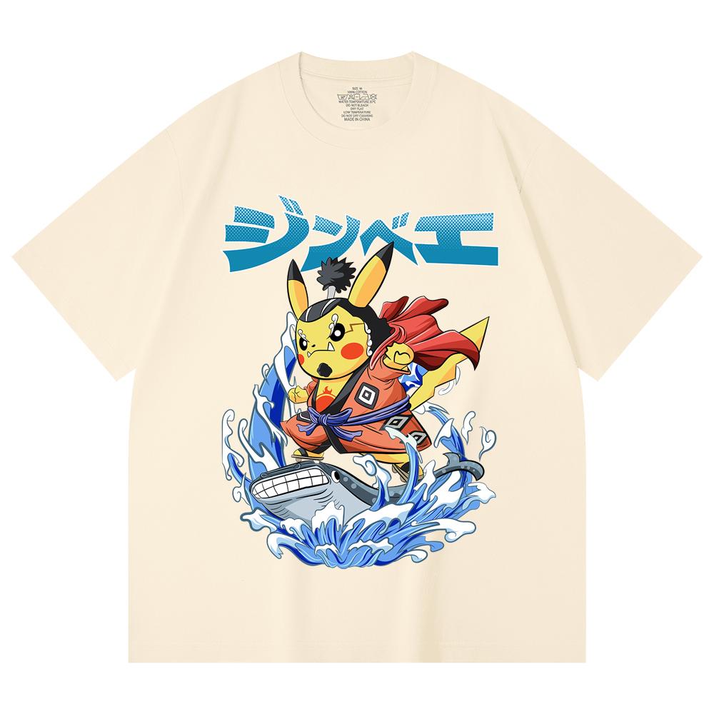 230 Gsm 100% Cotton Pokemon V11 Jimbei Pikachu Print Unisex Heavy Cotton T Shirt