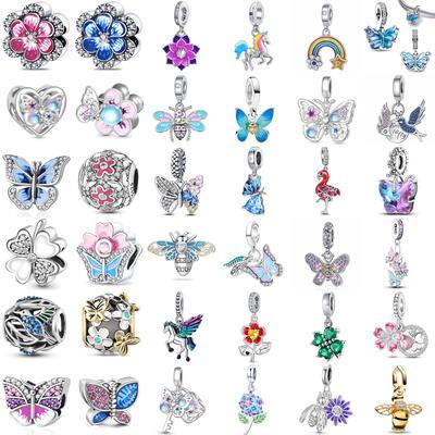 925 Silver Pink Butterfly Rainbow Bee Dangle Charms for Women DIY Jewelry Gifts Fine Original Bracelet Fit