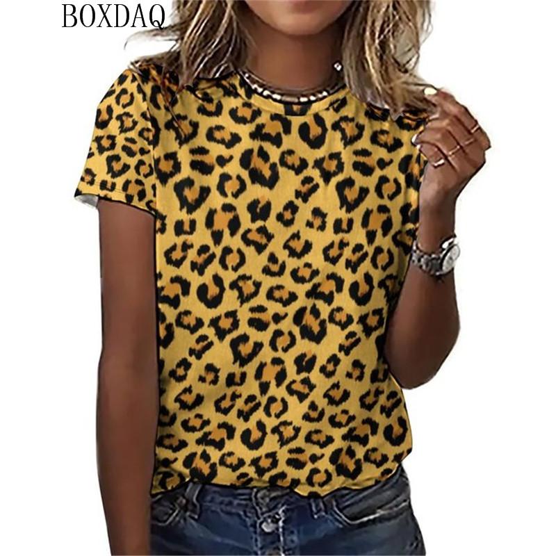 Damen Sommer T-Shirt 3D Druck Kurzarm Rundhals Leopardenmuster Mode T-Shirt Lose Lässig Übergroße Damen Tops T-Shirt
